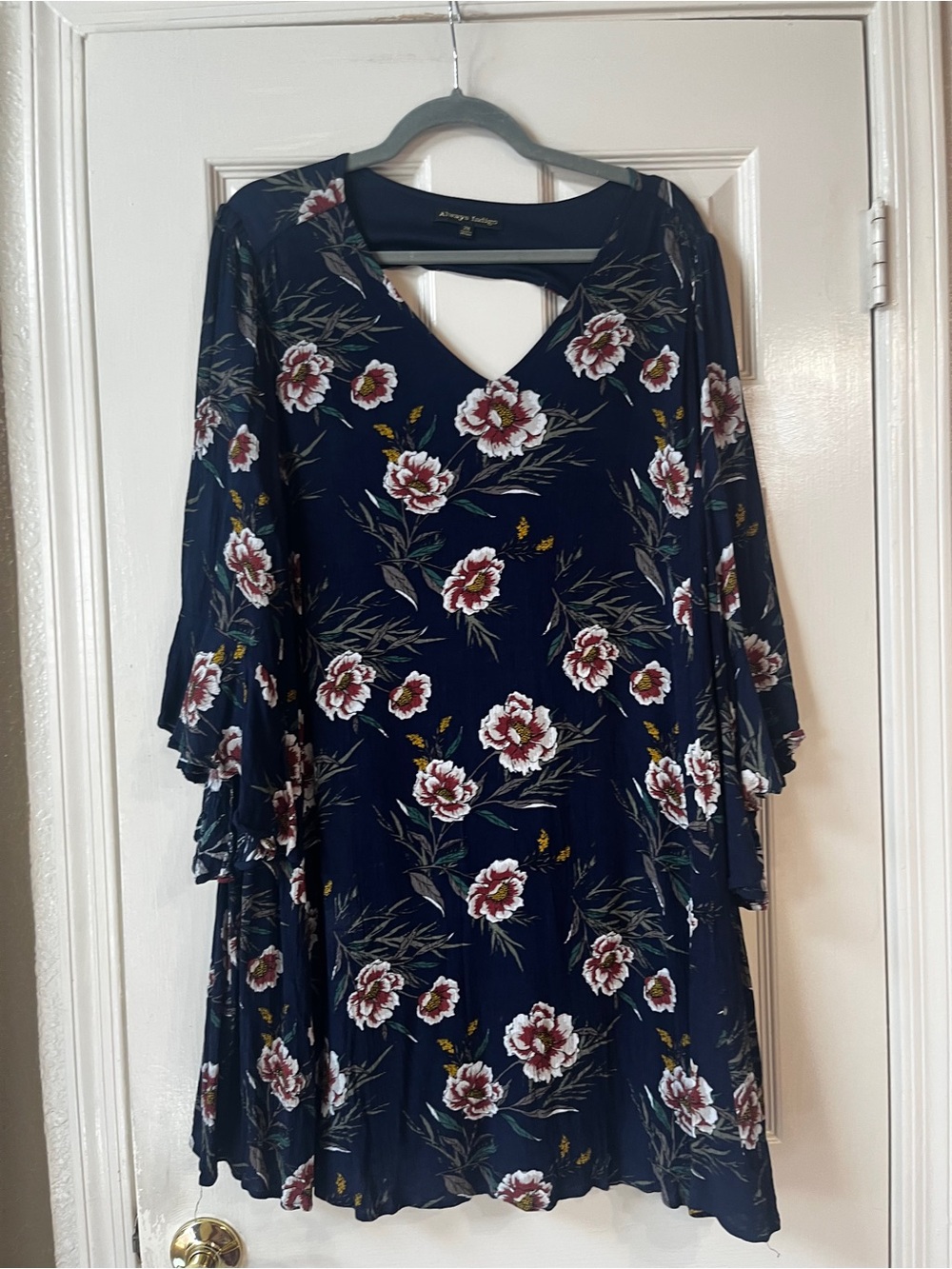 Always Indigo Navy Floral V-Neck Long Sleeve Dress